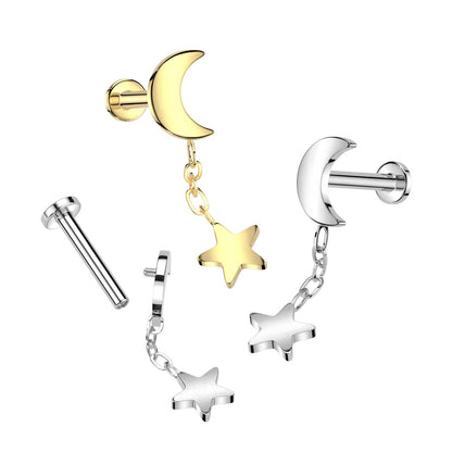 Internally Threaded Crescent Moon with Dangling Star Flat Back Stud - ASTM F-136 Implant Grade Titanium