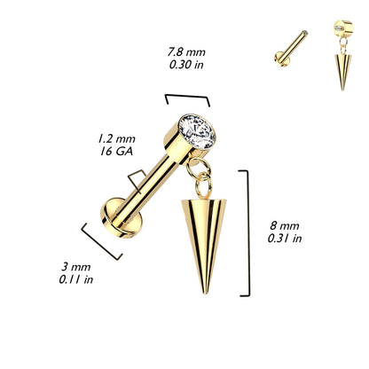 Internally Threaded CZ Crystal with Dangling Spike Flat Back Stud - ASTM F-136 Implant Grade Titanium