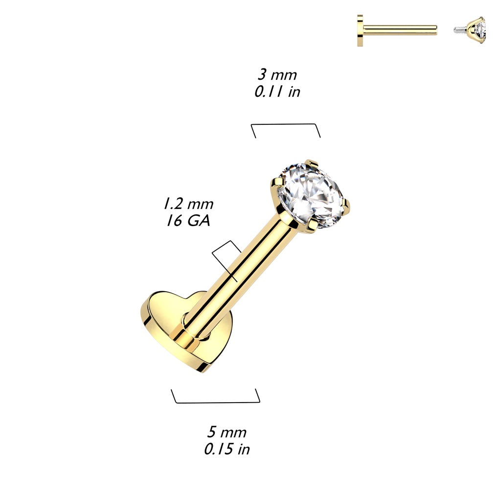 Internally Threaded CZ Crystal Top with Heart Shaped Flat Back Stud - ASTM F-136 Implant Grade Titanium