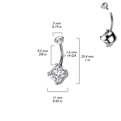 Internally Threaded Diamond Shaped Prong Set CZ Crystal Belly Button Ring - F136 Implant Grade Titanium