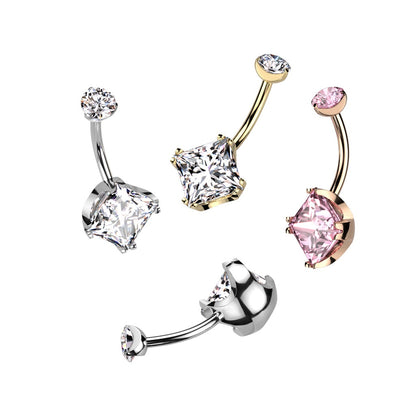 Internally Threaded Diamond Shaped Prong Set CZ Crystal Belly Button Ring - F136 Implant Grade Titanium