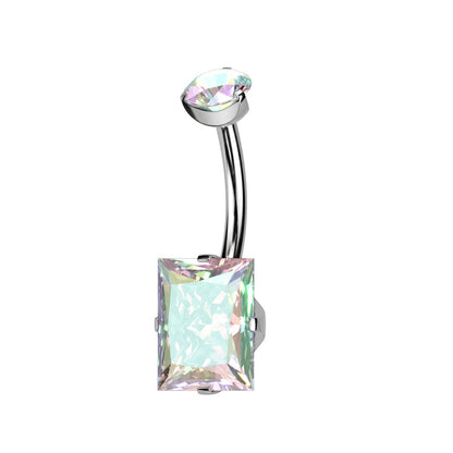 Internally Threaded Rectangle Shaped Prong Set CZ Crystal Belly Button Ring - F136 Implant Grade Titanium