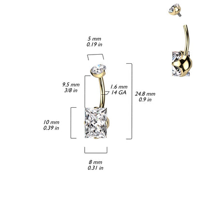 Internally Threaded Rectangle Shaped Prong Set CZ Crystal Belly Button Ring - F136 Implant Grade Titanium