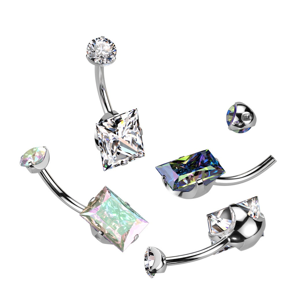 Internally Threaded Rectangle Shaped Prong Set CZ Crystal Belly Button Ring - F136 Implant Grade Titanium