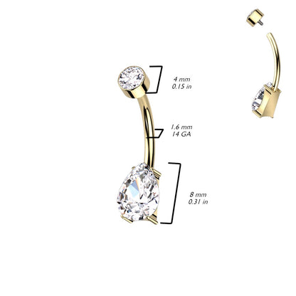 Internally Threaded Pear Shaped CZ Crystal Belly Button Ring - F136 Implant Grade Titanium