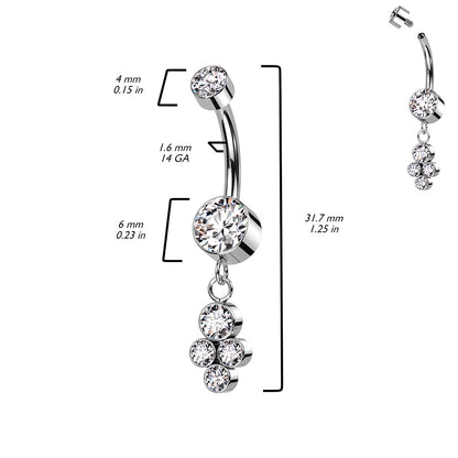 Internally Threaded Double CZ Crystal with Dangling Crystal Cluster Belly Button Ring - F136 Implant Grade Titanium