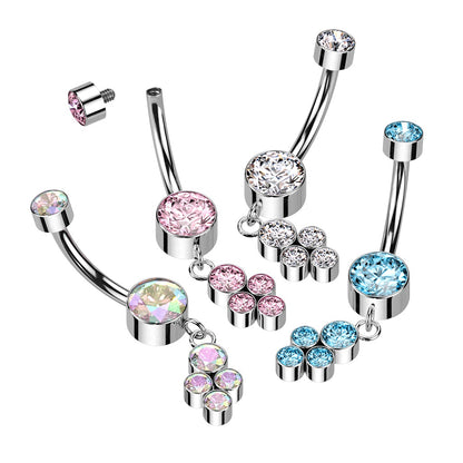 Internally Threaded Double CZ Crystal with Dangling Crystal Cluster Belly Button Ring - F136 Implant Grade Titanium