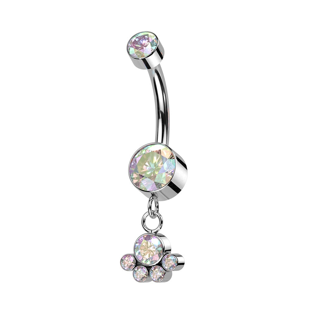 Internally Threaded Double CZ Crystal with Dangling Bezel Set Gem Cluster Belly Button Ring - F136 Implant Grade Titanium
