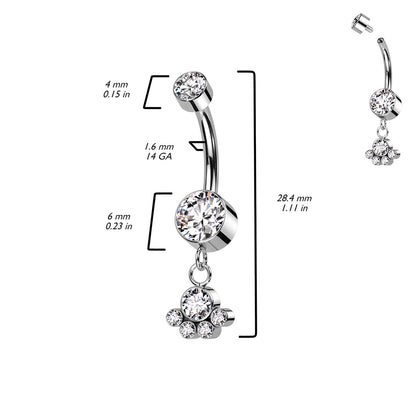 Internally Threaded Double CZ Crystal with Dangling Bezel Set Gem Cluster Belly Button Ring - F136 Implant Grade Titanium