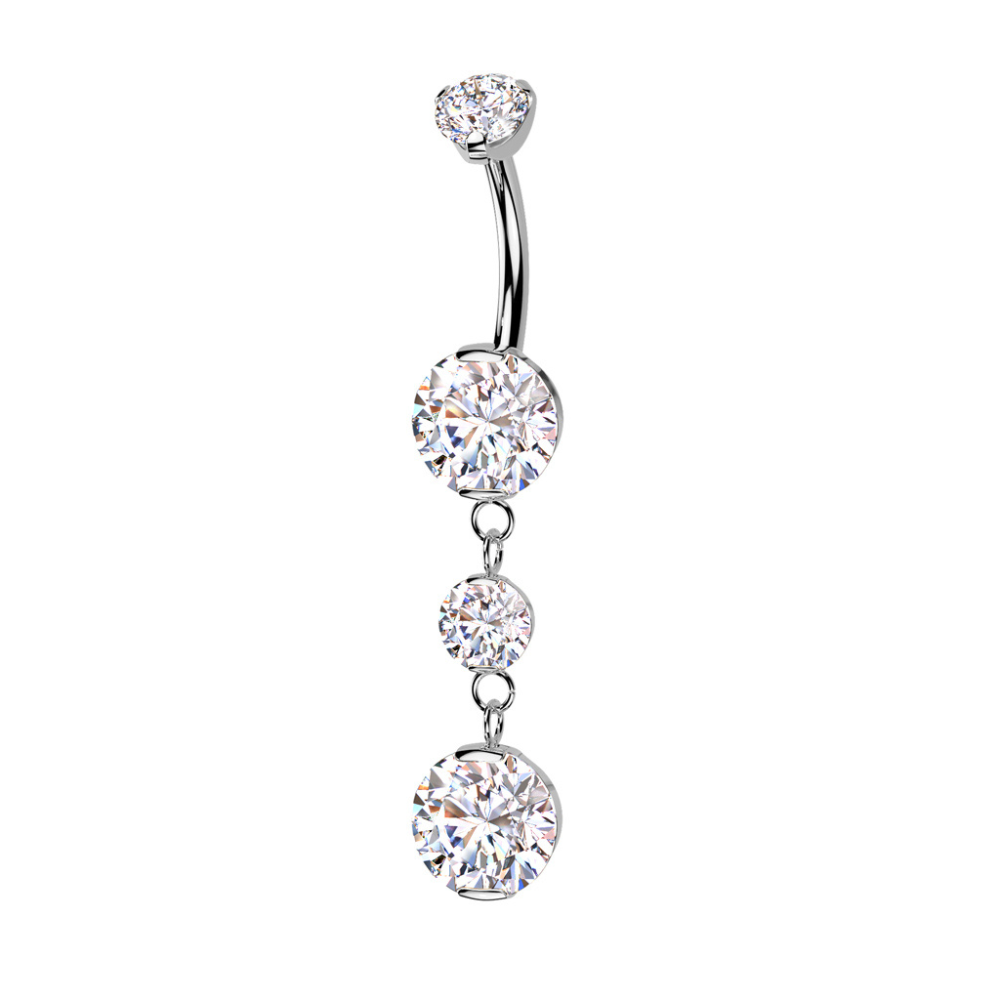 Internally Threaded Double Prong CZ Crystal with Two Round CZ Crystals Dangling Belly Button Ring - ASTM F-136 Implant Grade Titanium