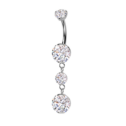 Internally Threaded Double Prong CZ Crystal with Two Round CZ Crystals Dangling Belly Button Ring - ASTM F-136 Implant Grade Titanium