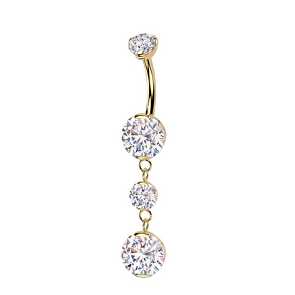 Internally Threaded Double Prong CZ Crystal with Two Round CZ Crystals Dangling Belly Button Ring - ASTM F-136 Implant Grade Titanium