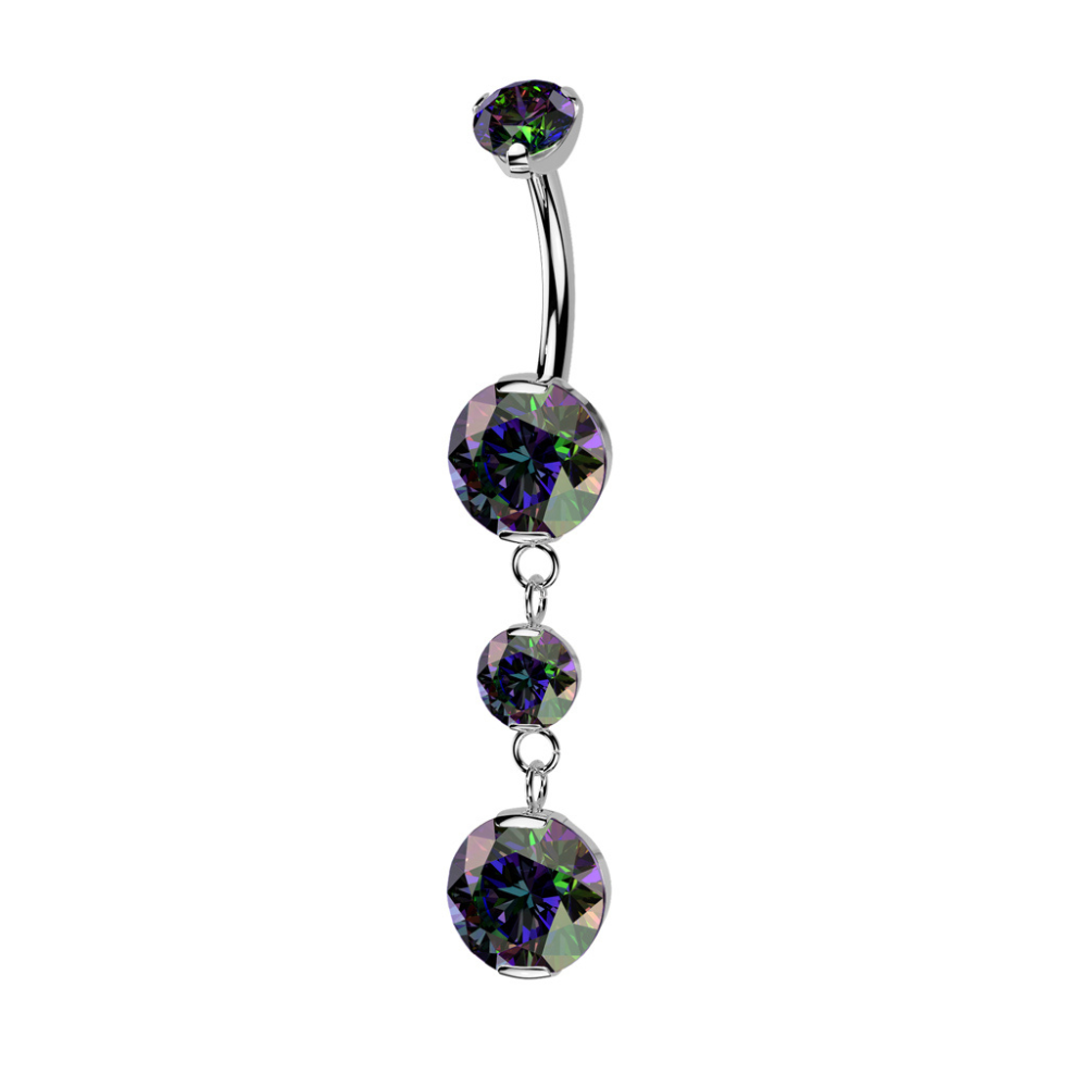 Internally Threaded Double Prong CZ Crystal with Two Round CZ Crystals Dangling Belly Button Ring - ASTM F-136 Implant Grade Titanium
