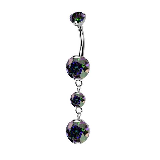 Internally Threaded Double Prong CZ Crystal with Two Round CZ Crystals Dangling Belly Button Ring - ASTM F-136 Implant Grade Titanium