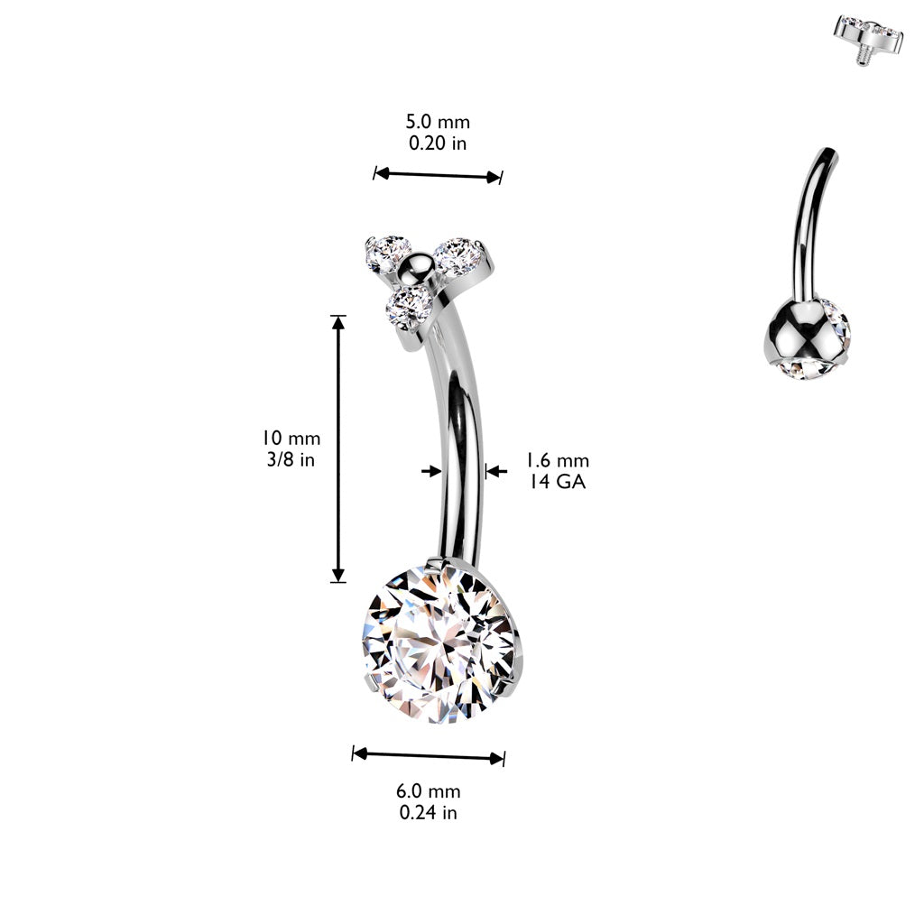 Internally Threaded CZ Crystal Trinity Triangle Top Belly Button Ring - ASTM F-136 Implant Grade Titanium