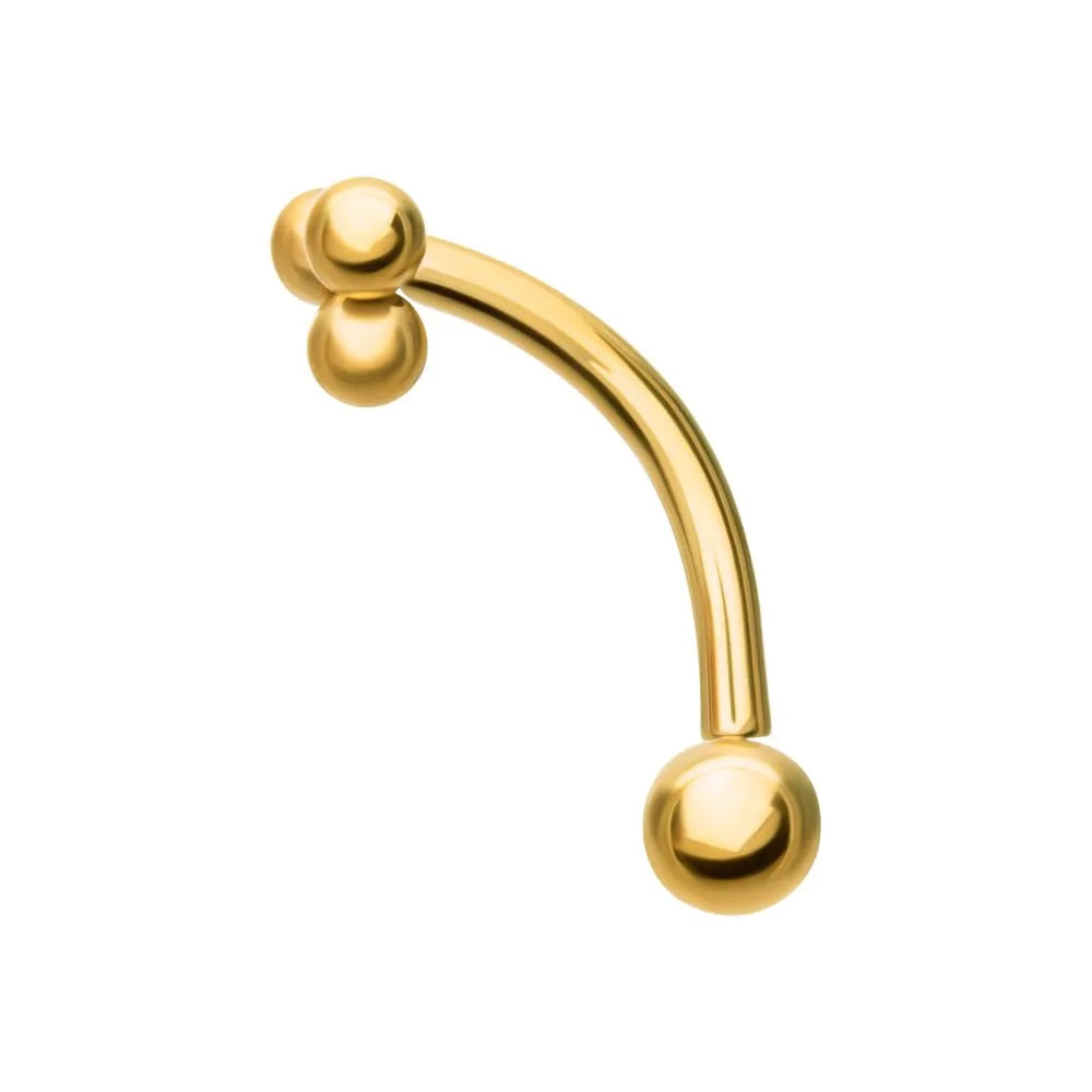 Threadless Push-In Triple Ball Cluster Top Eyebrow Curved Barbell - 24kt Gold PVD ASTM F-136 Implant Grade Titanium