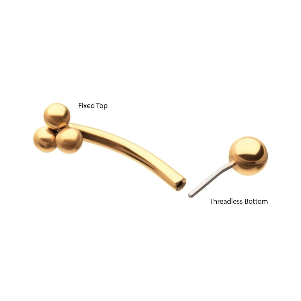 Threadless Push-In Triple Ball Cluster Top Eyebrow Curved Barbell - 24kt Gold PVD ASTM F-136 Implant Grade Titanium