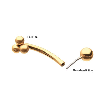 Threadless Push-In Triple Ball Cluster Top Eyebrow Curved Barbell - 24kt Gold PVD ASTM F-136 Implant Grade Titanium