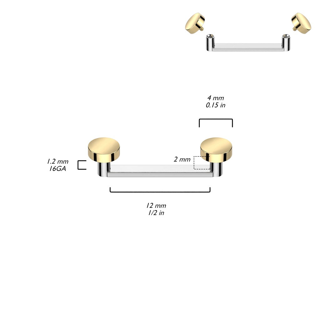 Internally Threaded Flat Circle Tops Flat Surface Barbell - ASTM F-136 Implant Grade Titanium