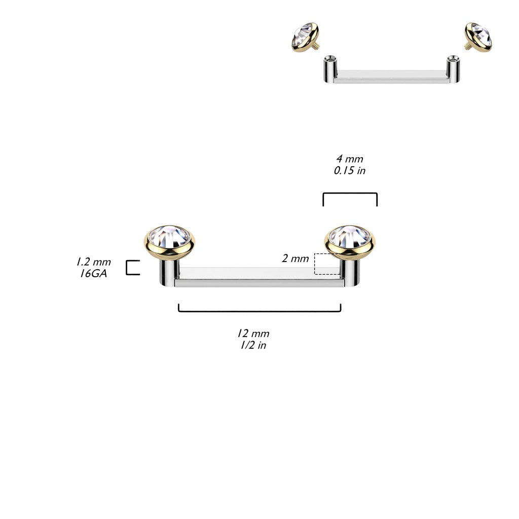 Internally Threaded CZ Crystal Tops Flat Surface Barbell - ASTM F-136 Implant Grade Titanium