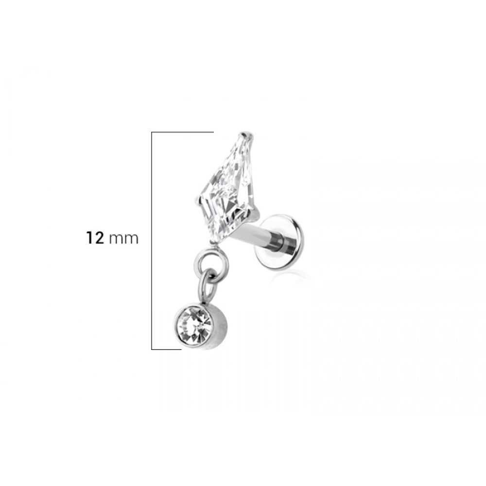 Threadless Push In CZ Crystal Kite Shape with Dangling Gem Flat Back Stud - ASTM F-136 Implant Grade Titanium