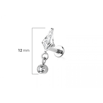 Threadless Push In CZ Crystal Kite Shape with Dangling Gem Flat Back Stud - ASTM F-136 Implant Grade Titanium