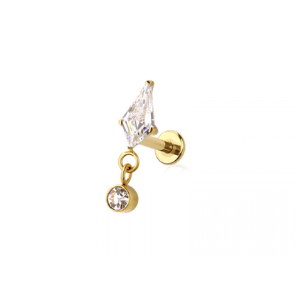 Threadless Push In CZ Crystal Kite Shape with Dangling Gem Flat Back Stud - ASTM F-136 Implant Grade Titanium