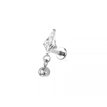 Threadless Push In CZ Crystal Kite Shape with Dangling Gem Flat Back Stud - ASTM F-136 Implant Grade Titanium
