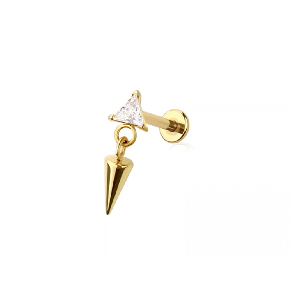 Threadless Push In CZ Crystal Triangle with Dangling Spike Flat Back Stud - ASTM F-136 Implant Grade Titanium
