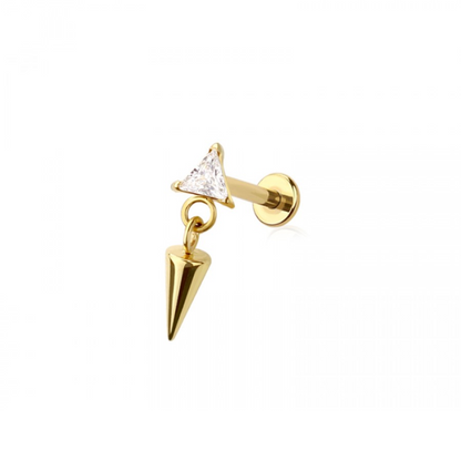 Threadless Push In CZ Crystal Triangle with Dangling Spike Flat Back Stud - ASTM F-136 Implant Grade Titanium