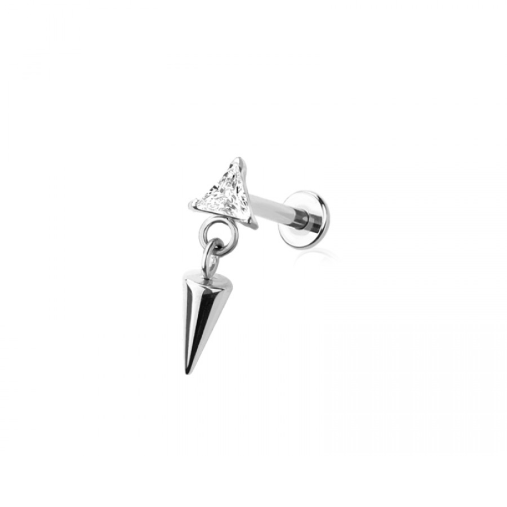 Threadless Push In CZ Crystal Triangle with Dangling Spike Flat Back Stud - ASTM F-136 Implant Grade Titanium