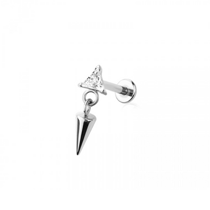 Threadless Push In CZ Crystal Triangle with Dangling Spike Flat Back Stud - ASTM F-136 Implant Grade Titanium