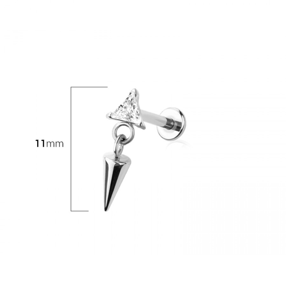 Threadless Push In CZ Crystal Triangle with Dangling Spike Flat Back Stud - ASTM F-136 Implant Grade Titanium