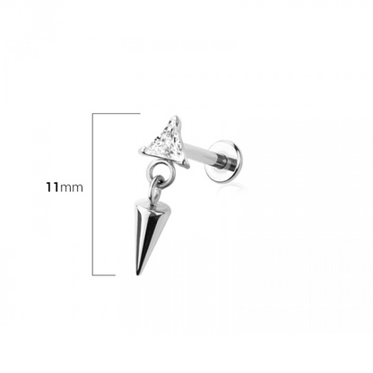 Threadless Push In CZ Crystal Triangle with Dangling Spike Flat Back Stud - ASTM F-136 Implant Grade Titanium