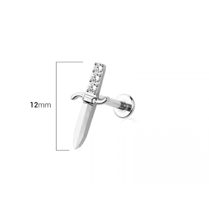 Threadless Push In CZ Crystal Dagger Flat Back Stud - ASTM F-136 Implant Grade Titanium