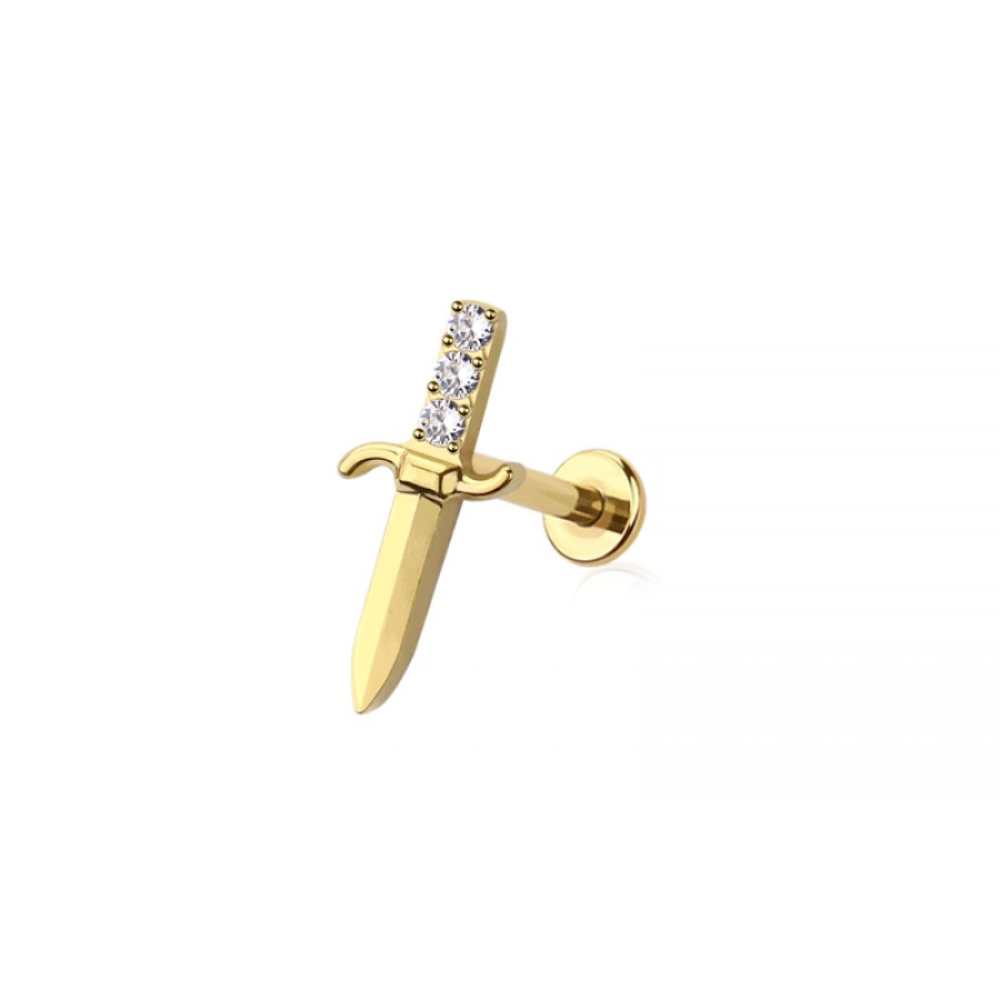 Threadless Push In CZ Crystal Dagger Flat Back Stud - ASTM F-136 Implant Grade Titanium