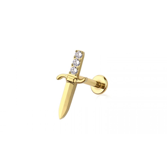 Threadless Push In CZ Crystal Dagger Flat Back Stud - ASTM F-136 Implant Grade Titanium