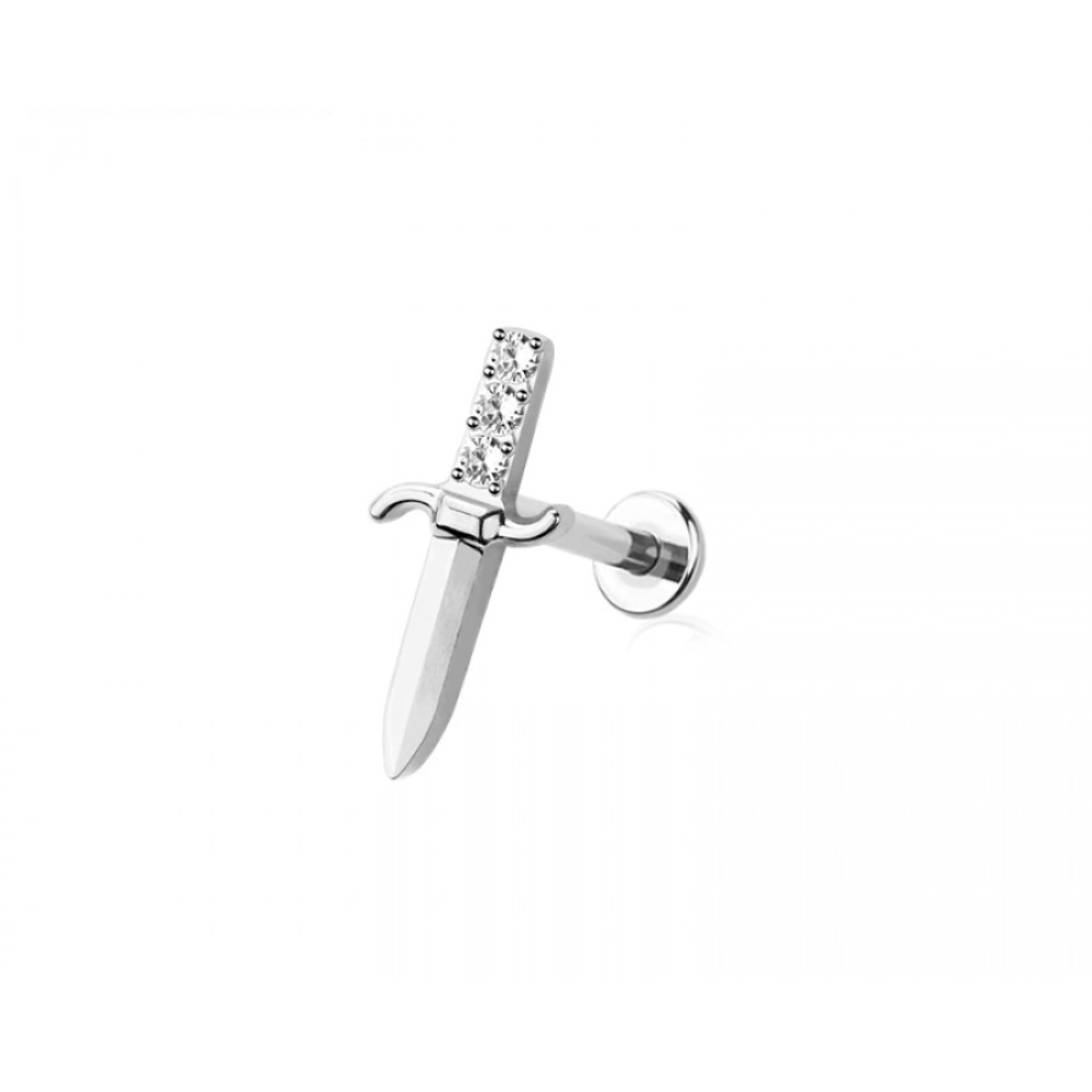 Threadless Push In CZ Crystal Dagger Flat Back Stud - ASTM F-136 Implant Grade Titanium