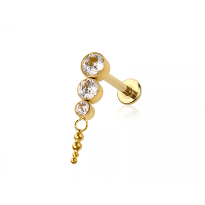 Threadless Push In Cascading Triple CZ Crystal Flat Back Stud - ASTM F-136 Implant Grade Titanium