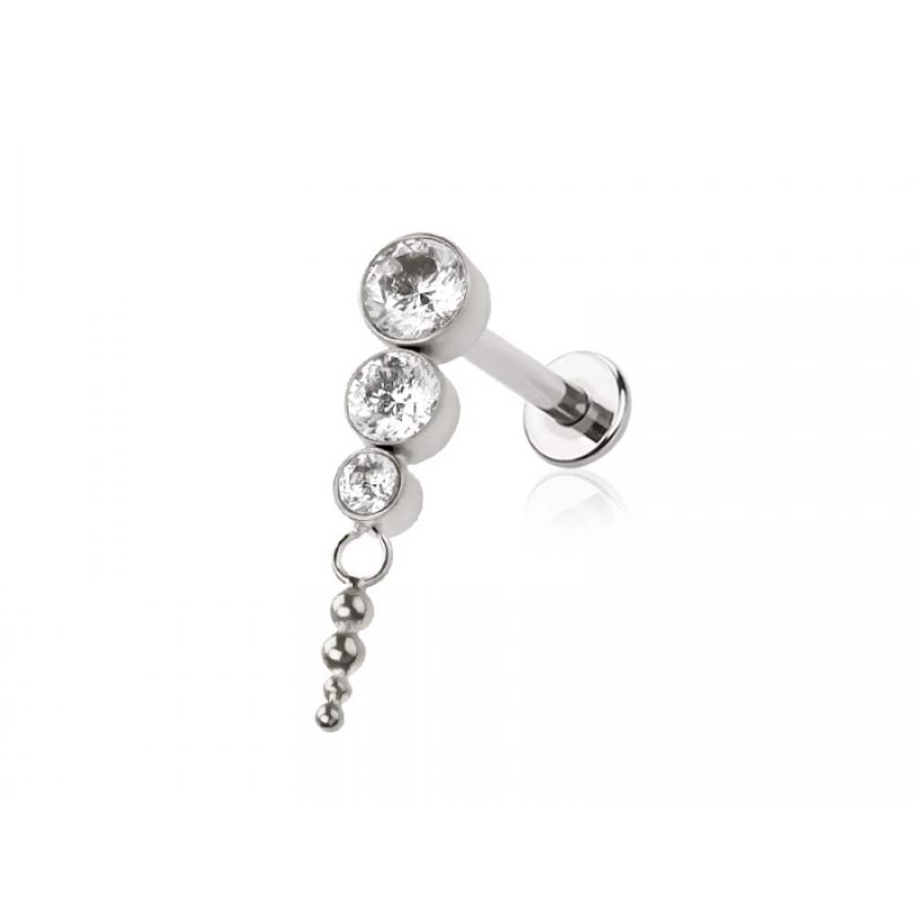 Threadless Push In Cascading Triple CZ Crystal Flat Back Stud - ASTM F-136 Implant Grade Titanium