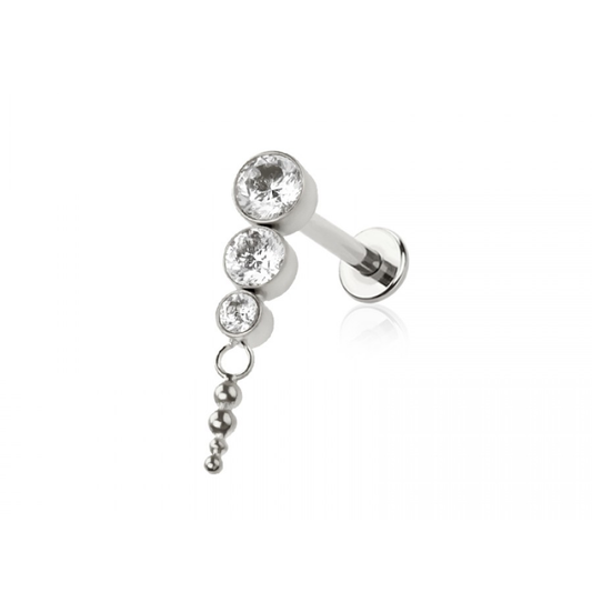 Threadless Push In Cascading Triple CZ Crystal Flat Back Stud - ASTM F-136 Implant Grade Titanium