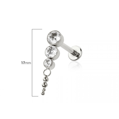 Threadless Push In Cascading Triple CZ Crystal Flat Back Stud - ASTM F-136 Implant Grade Titanium