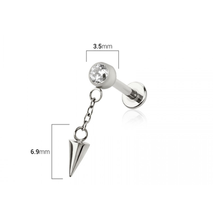 Threadless Push In CZ Crystal with Dangling Spike Flat Back Stud - ASTM F-136 Implant Grade Titanium