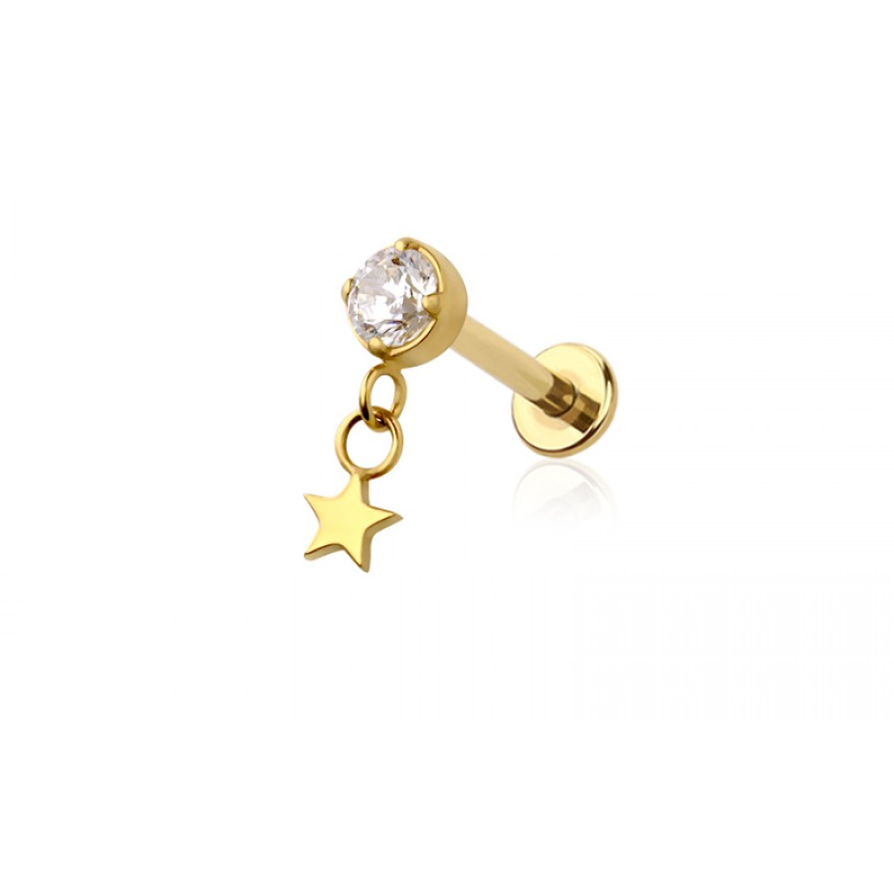 Threadless Push In CZ Crystal with Dangling Star Flat Back Stud - ASTM F-136 Implant Grade Titanium