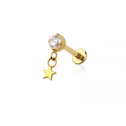 Threadless Push In CZ Crystal with Dangling Star Flat Back Stud - ASTM F-136 Implant Grade Titanium