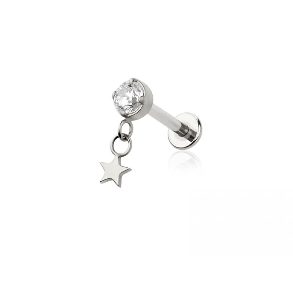 Threadless Push In CZ Crystal with Dangling Star Flat Back Stud - ASTM F-136 Implant Grade Titanium