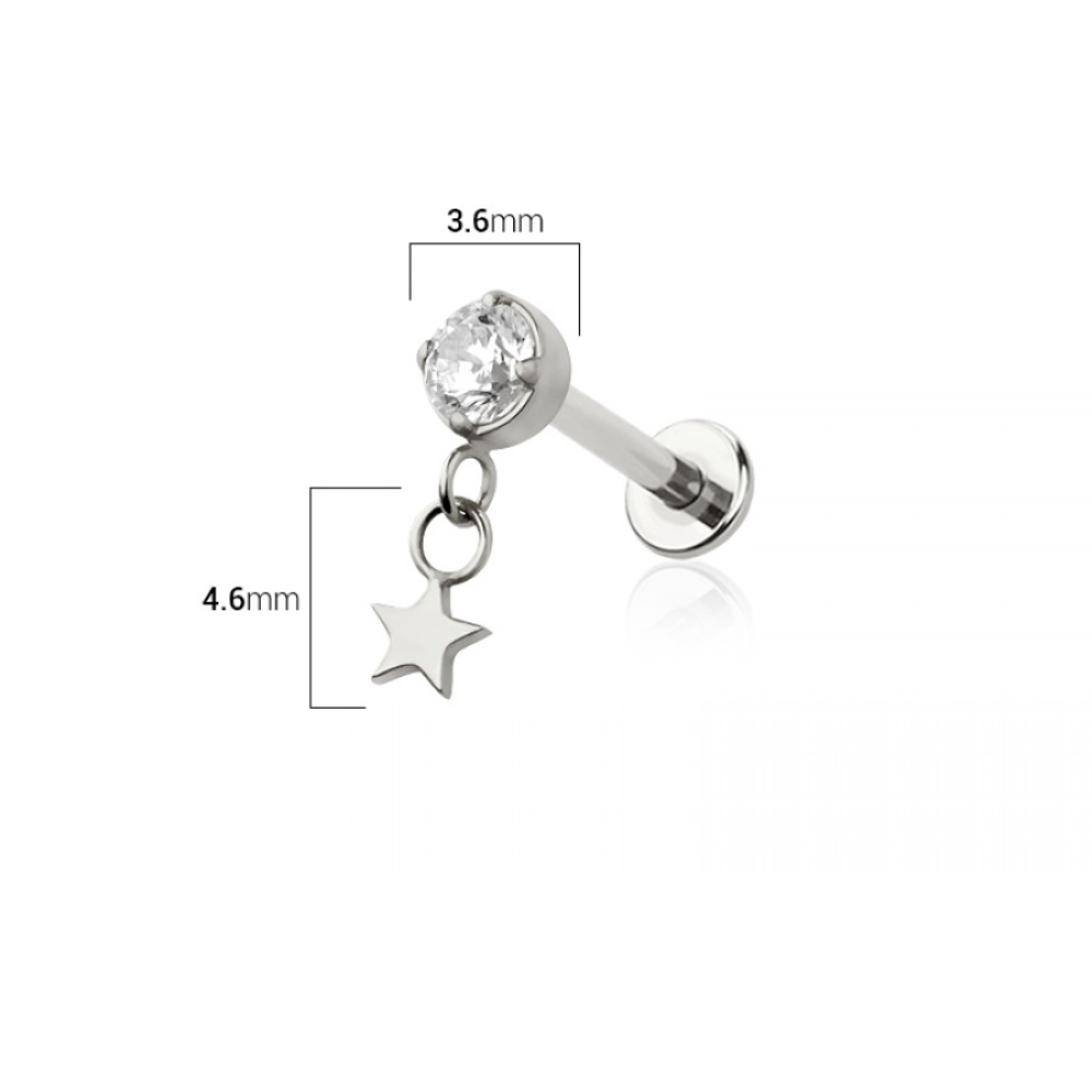 Threadless Push In CZ Crystal with Dangling Star Flat Back Stud - ASTM F-136 Implant Grade Titanium