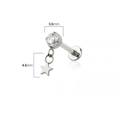 Threadless Push In CZ Crystal with Dangling Star Flat Back Stud - ASTM F-136 Implant Grade Titanium