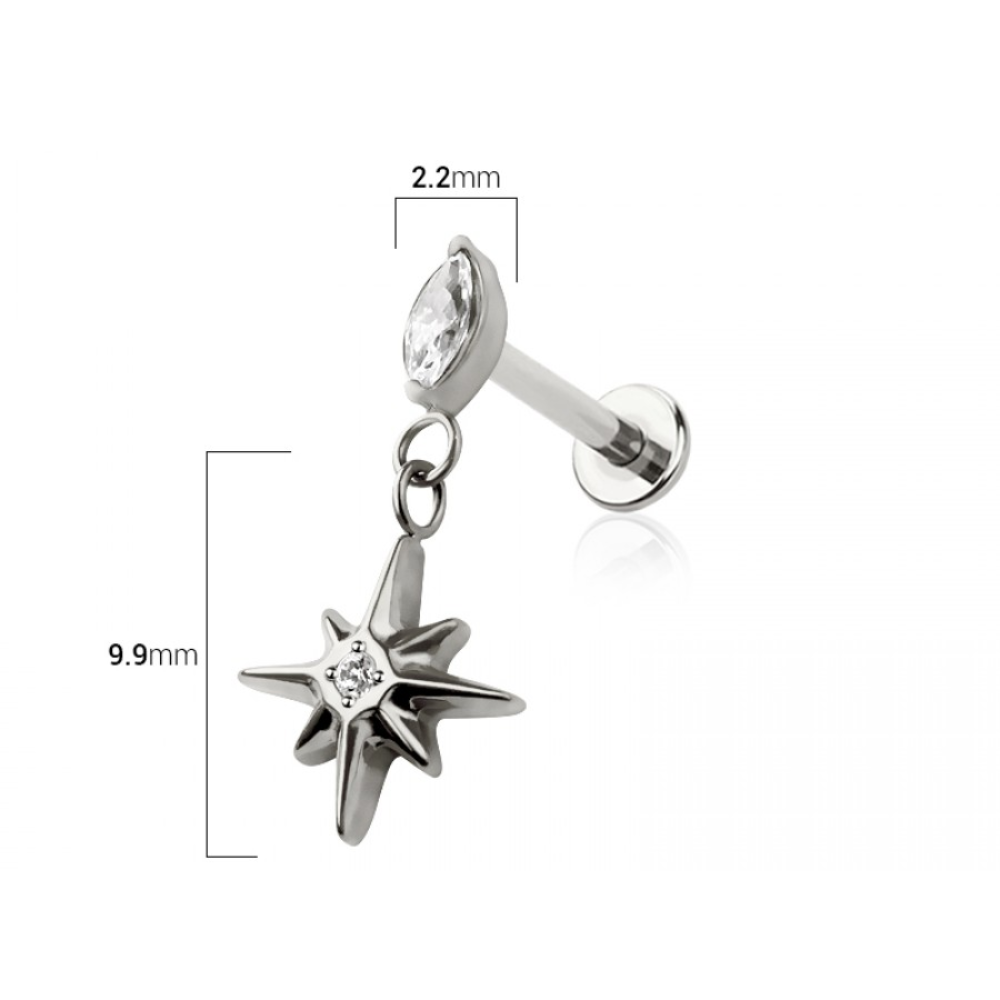 Threadless Push In Marquise Shape CZ Crystal with Dangling Starburst Flat Back Stud - ASTM F-136 Implant Grade Titanium