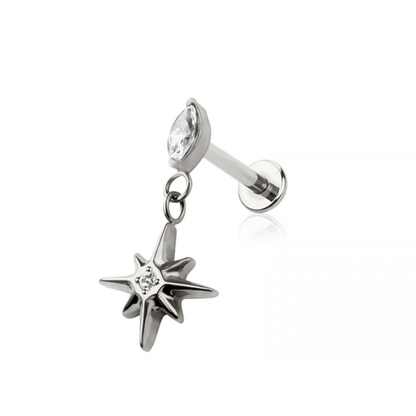 Threadless Push In Marquise Shape CZ Crystal with Dangling Starburst Flat Back Stud - ASTM F-136 Implant Grade Titanium